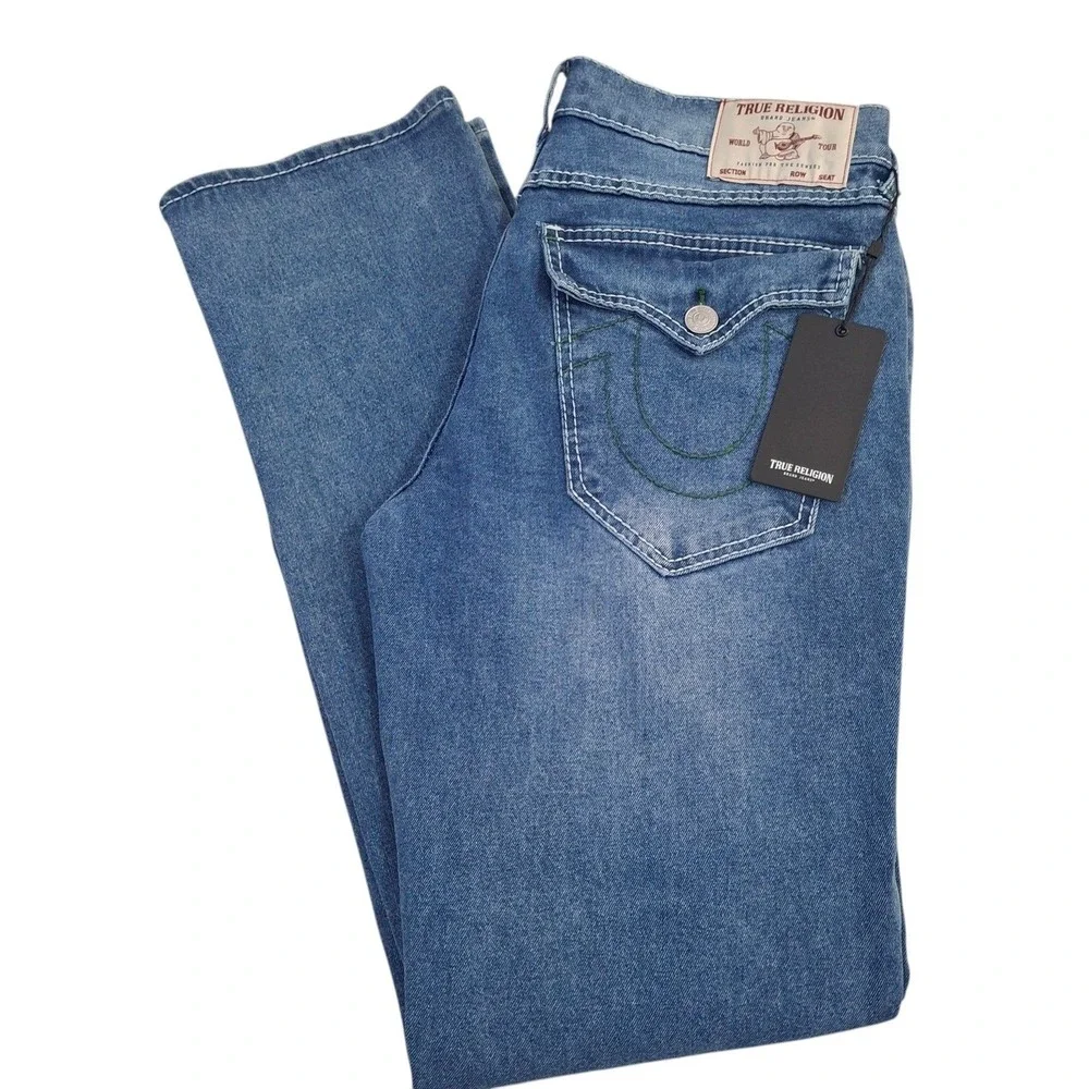 True Religion Ricky Relaxed Straight Big T Flap Jeans 32x34 Light Pacific Wash